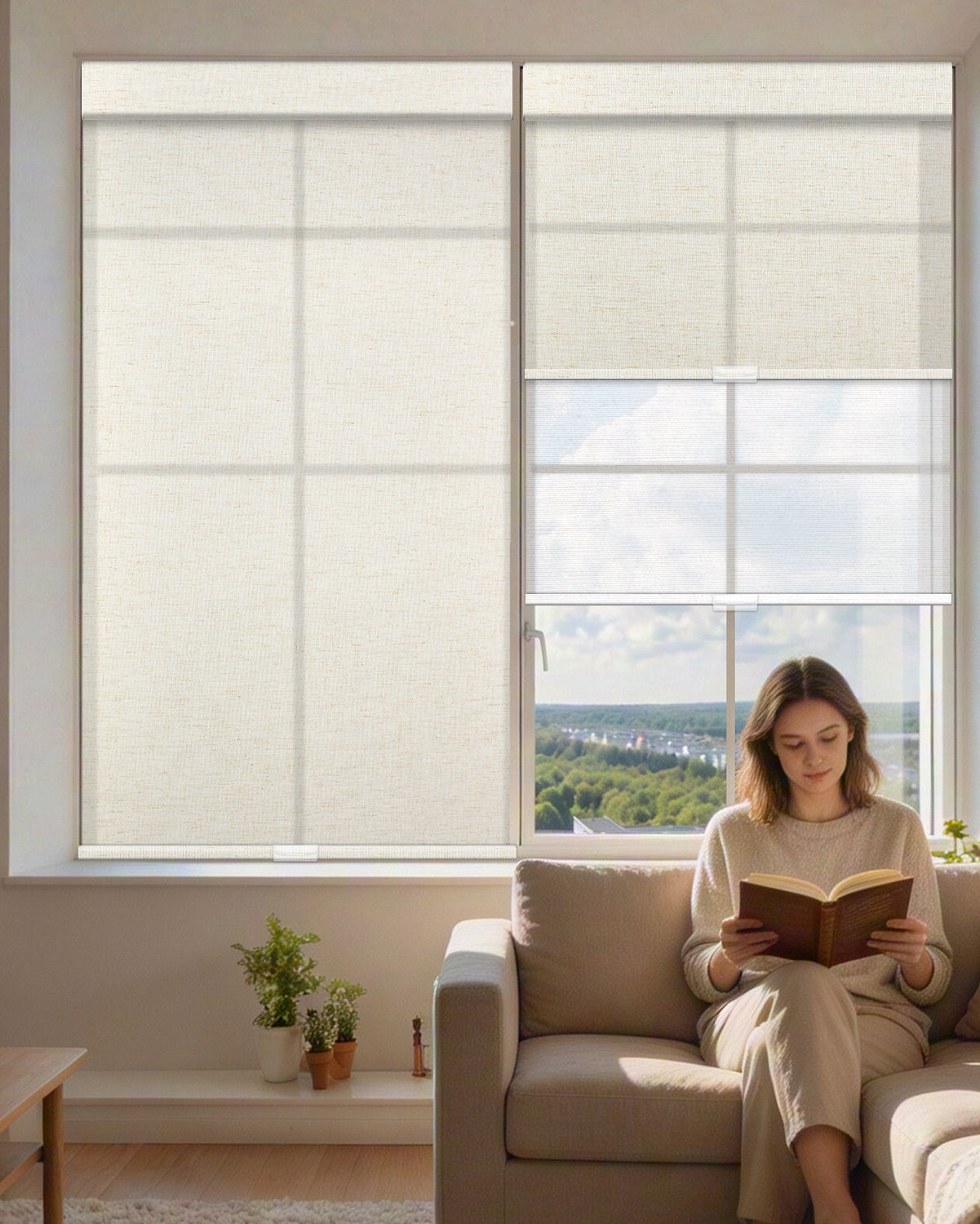 Manual Cordless Dual Roller Shades, Light Filtering & Sheer