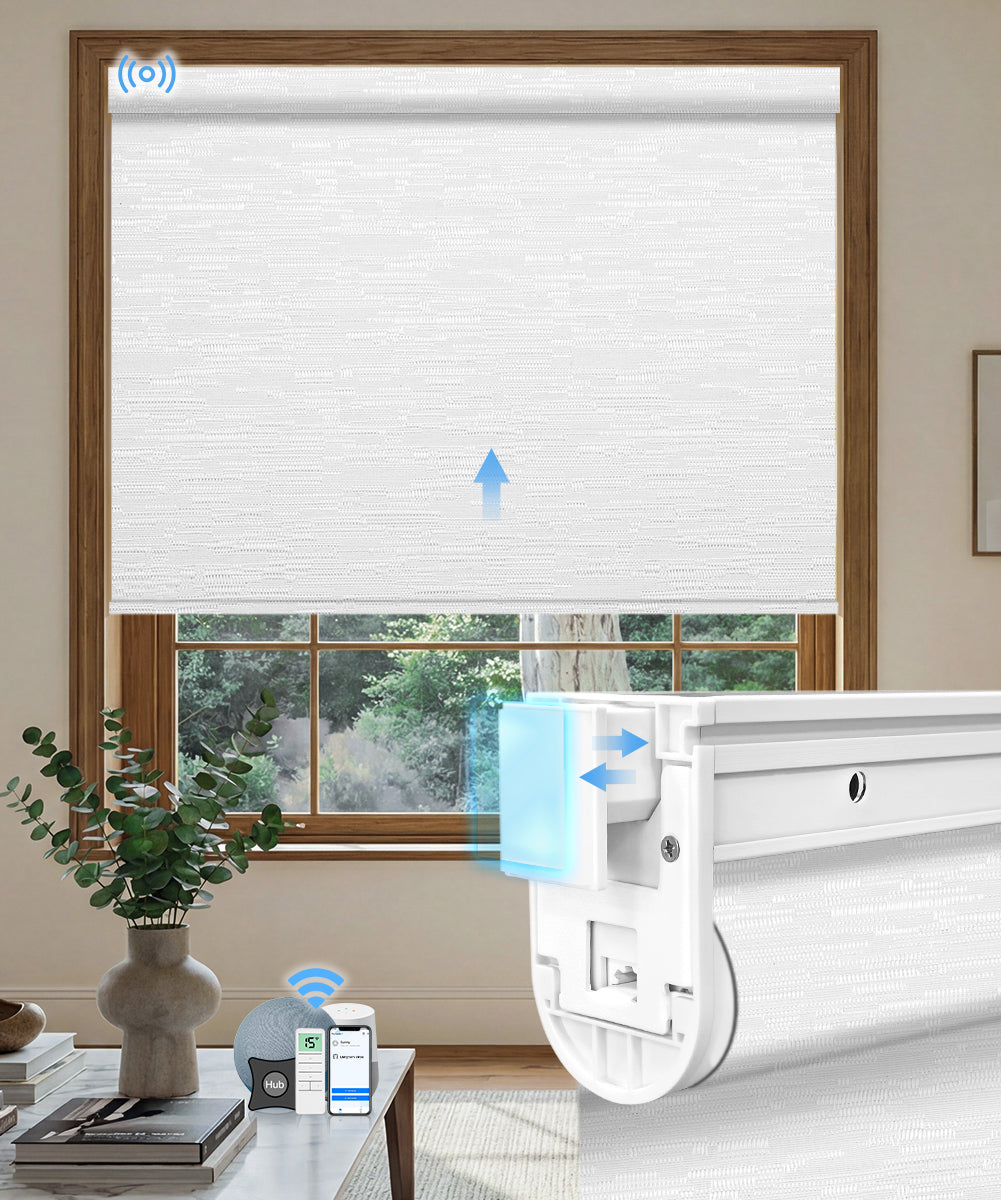 No drill motorized blackout roller shade texture white