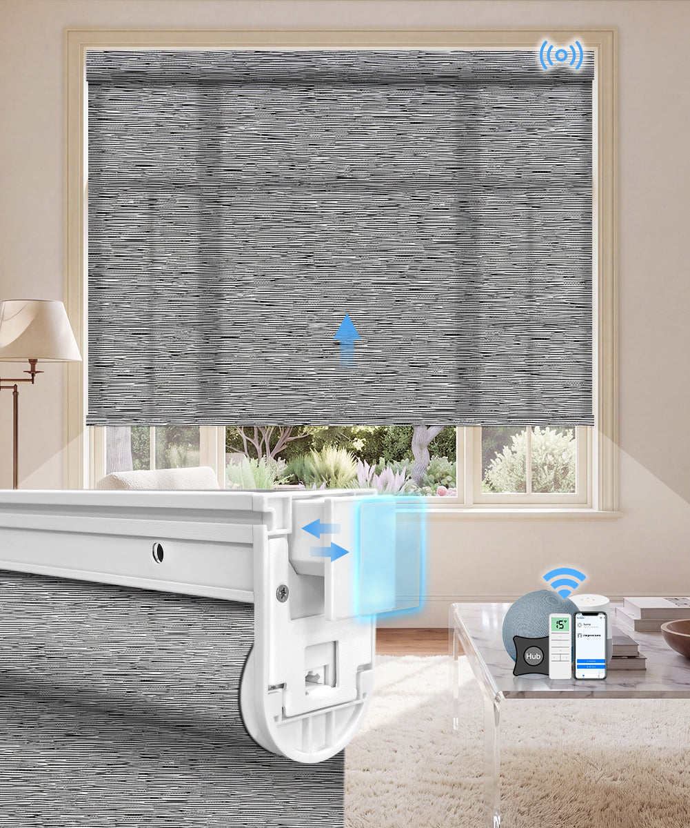 No-Drill Motorized Light Filtering Roller Shades - Texture Black Grey